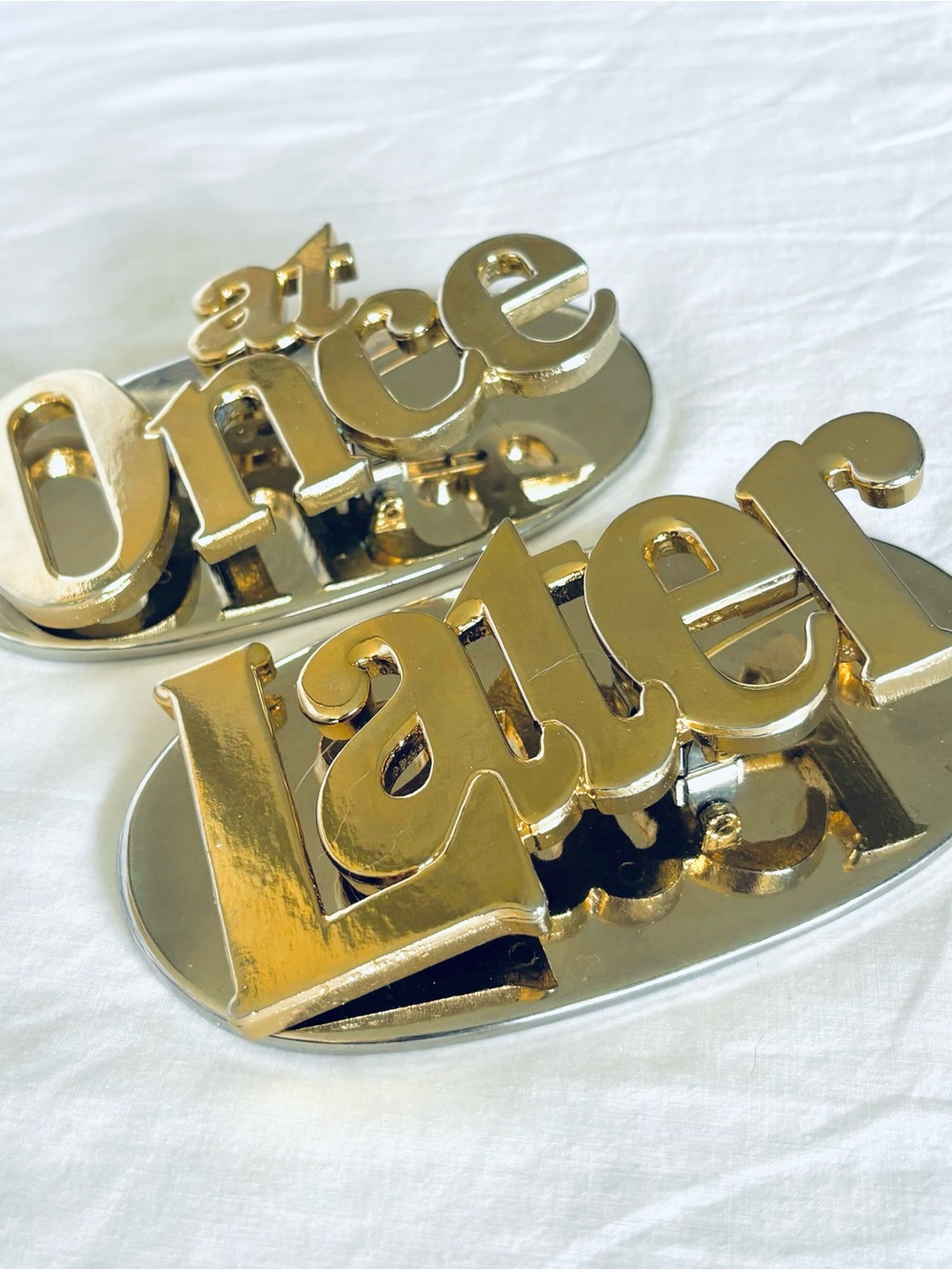Vintage Brass Chrome Metal Desk Paperweight Office Paper Clip Pair LATER AT ONCE